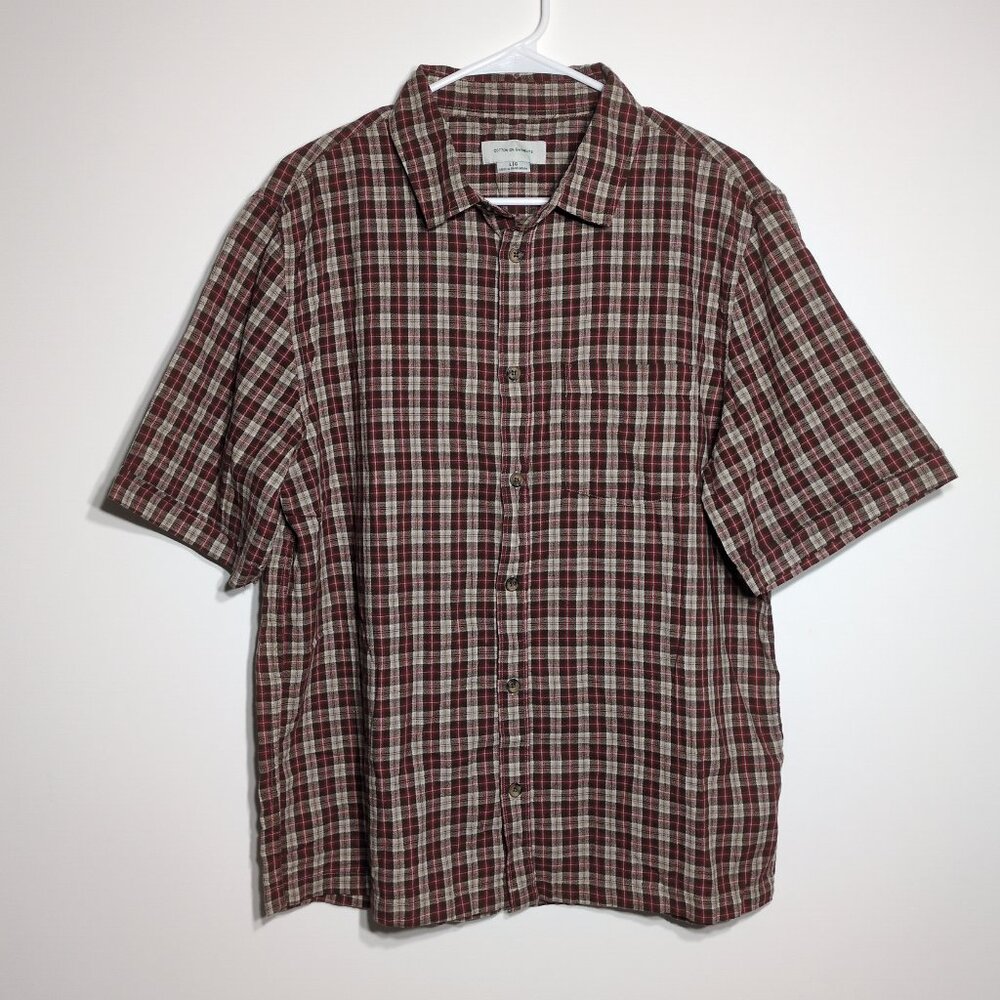 Cotton On Garments Plaid Shirt Mens Large Short Sleeve Red Brown Cotton New
